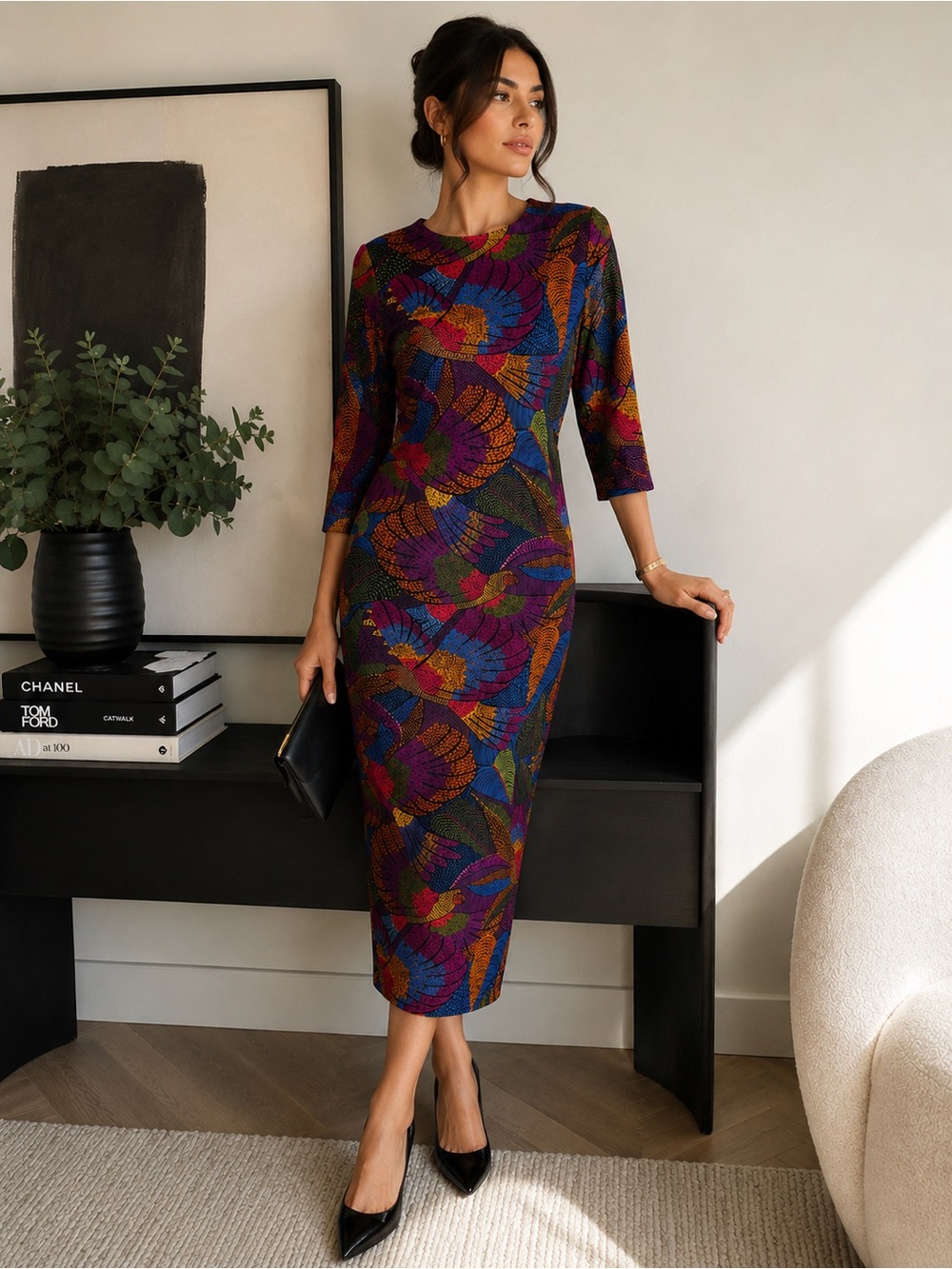 Farm Rio Colorful Tropical Bird Print Midi Dress NWOT Size M Boho Chic